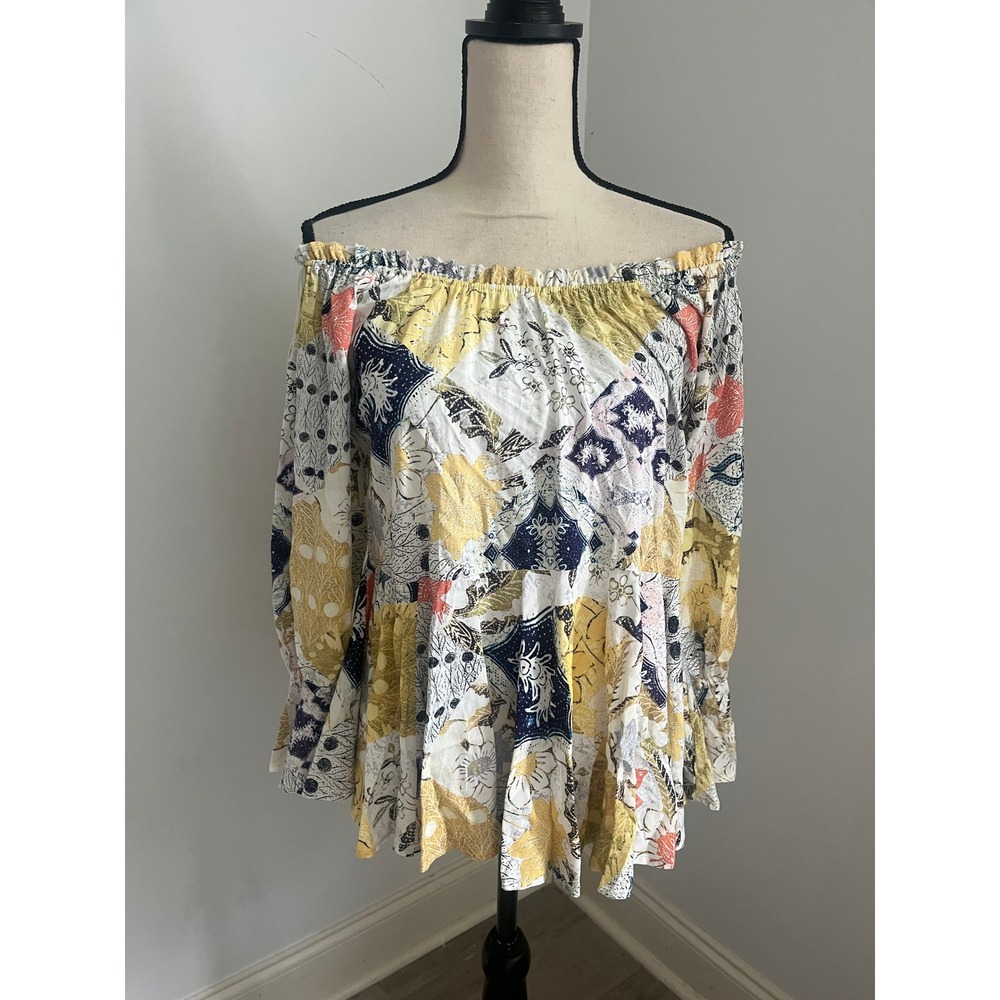 Dear John Patchwork Boho Chic Top Small Off the Shoulder Yellow Navy Floral NWT